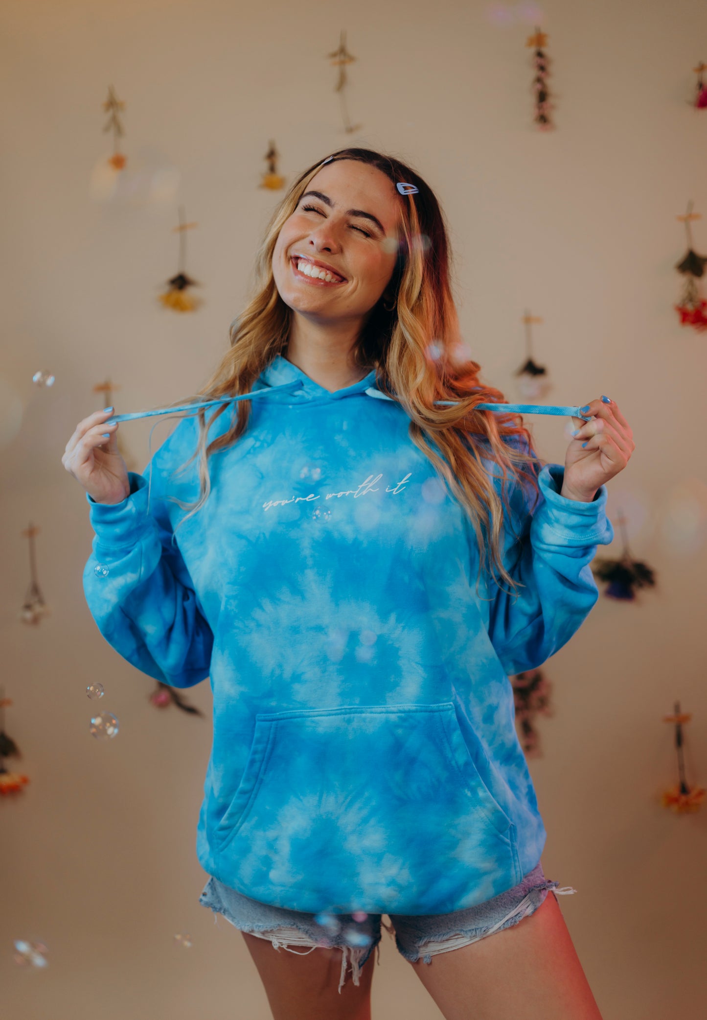 YOU’RE WORTH IT HOODIE IN BRIGHT BLUE TIE DYE
