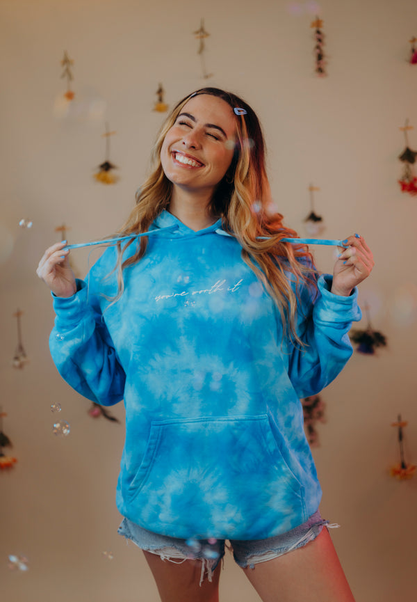 YOU’RE WORTH IT HOODIE IN BRIGHT BLUE TIE DYE