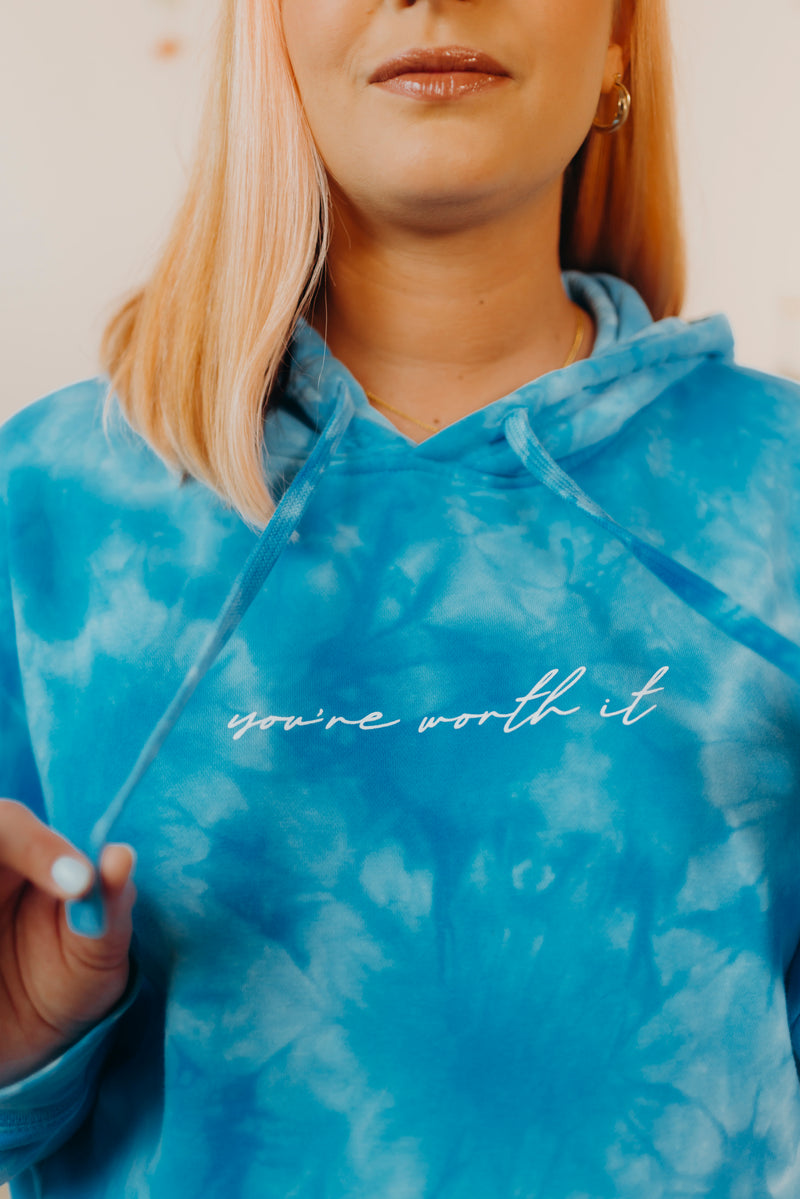 YOU’RE WORTH IT HOODIE IN BRIGHT BLUE TIE DYE