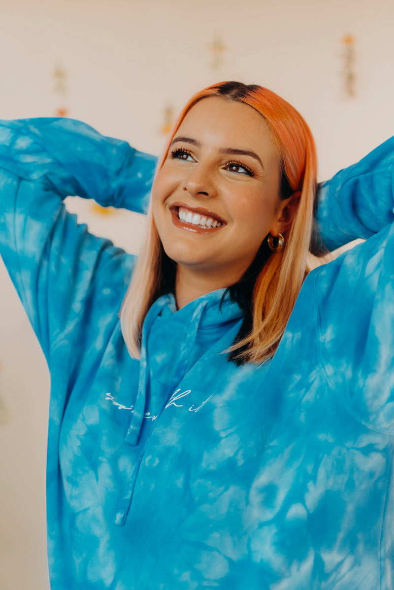 YOU’RE WORTH IT HOODIE IN BRIGHT BLUE TIE DYE